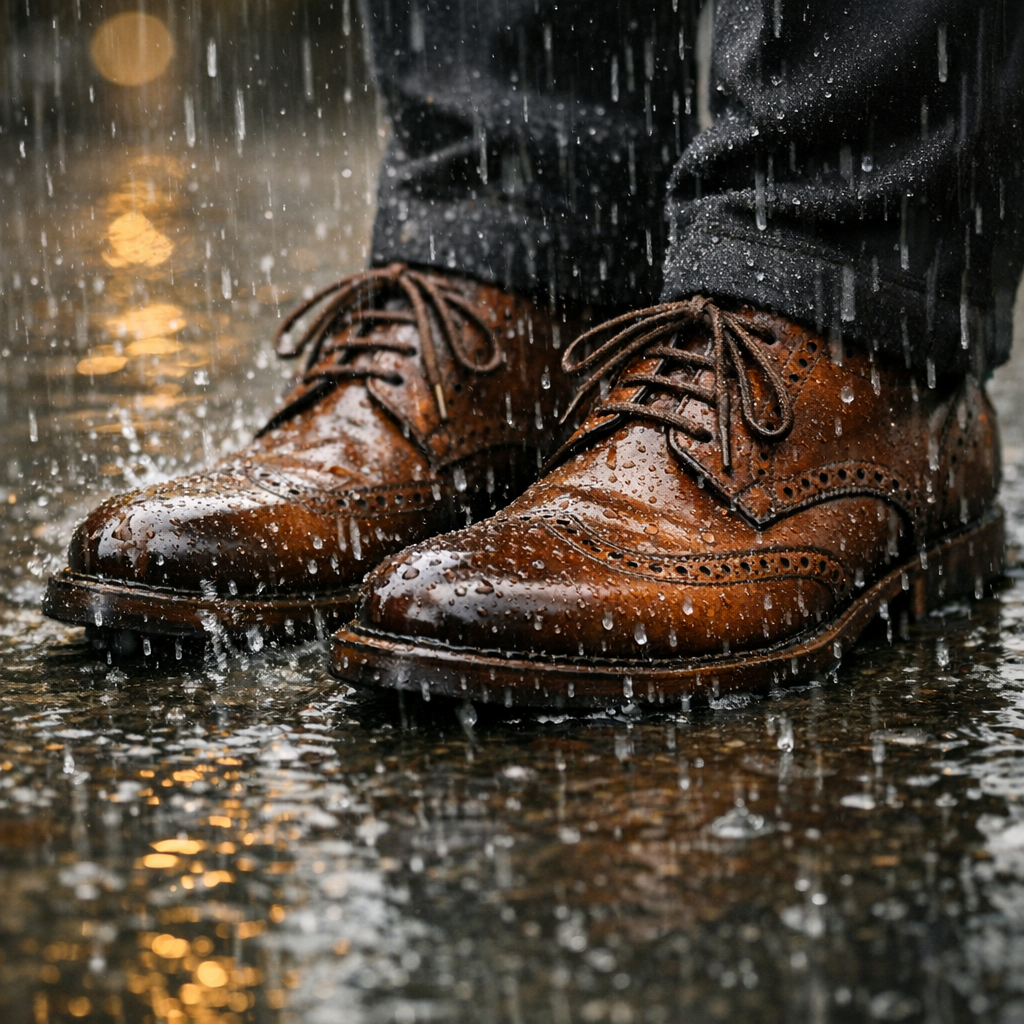 Chaussures en cuir brun sous la pluie
